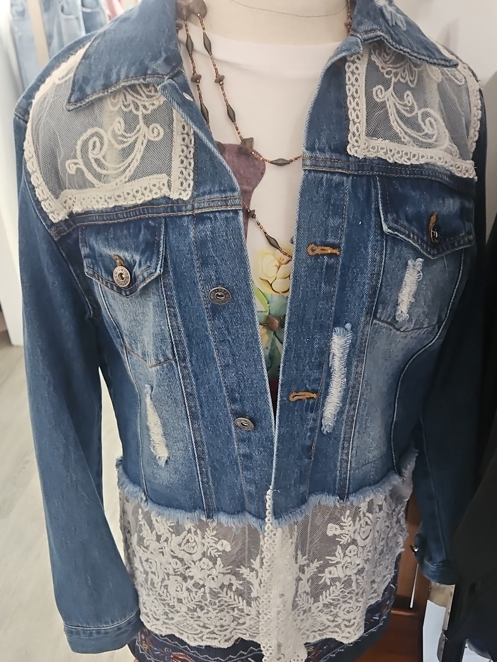 Upcycled Love Tree Denim Jacket With Lace